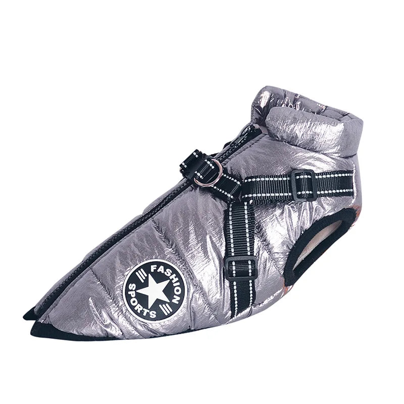 Water-repellent padded winter dog coat with harness