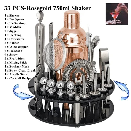 Cocktail Shaker Set 1–33 Teile – Profi Barkeeper-Set mit Rezeptbuch & Barständer