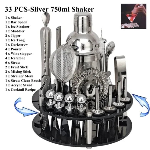 Cocktail Shaker Set 1–33 Teile – Profi Barkeeper-Set mit Rezeptbuch & Barständer