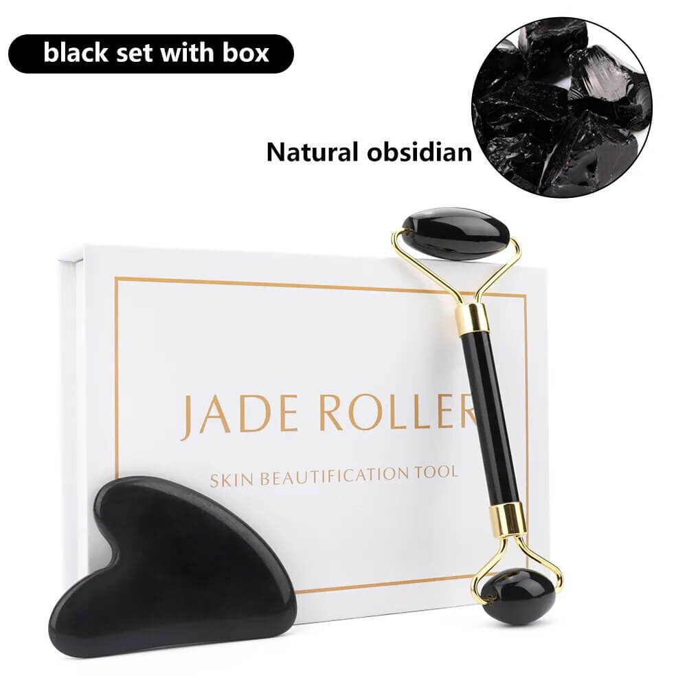Natürliches Rosenquarz Jade Roller & Gua Sha Set - Für strahlende Haut! - Verwöhnen Sie Ihre Haut mit unserem hochwertigen Natürlichen Rosenquarz Jade Roller und Gua Sha Set für strahlende Haut und ultimativen Wellness. - 14:350853#black set with box;2000
