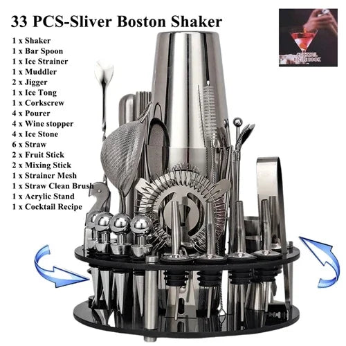 Cocktail Shaker Set 1–33 Teile – Profi Barkeeper-Set mit Rezeptbuch & Barständer