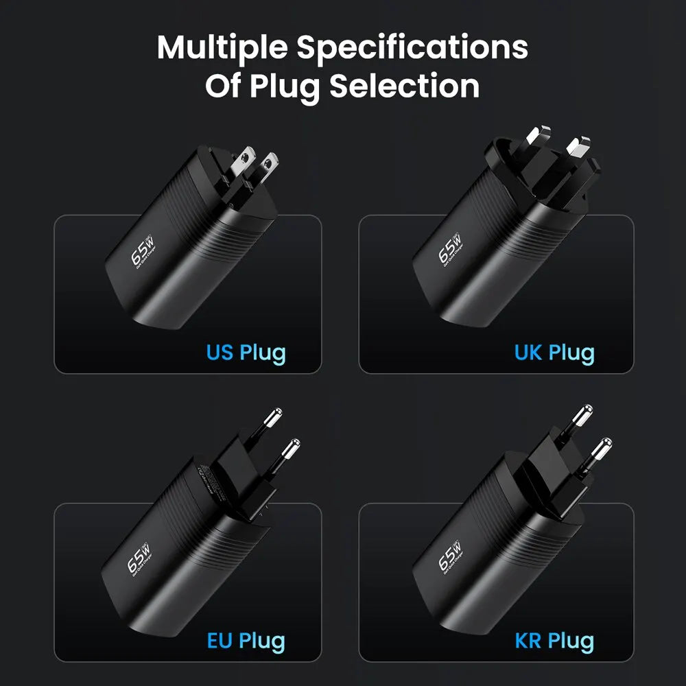 Quick Charger für Smartphones, Tablets und Laptops – 65 W mit GaN-Technologie und 3 Ladeports