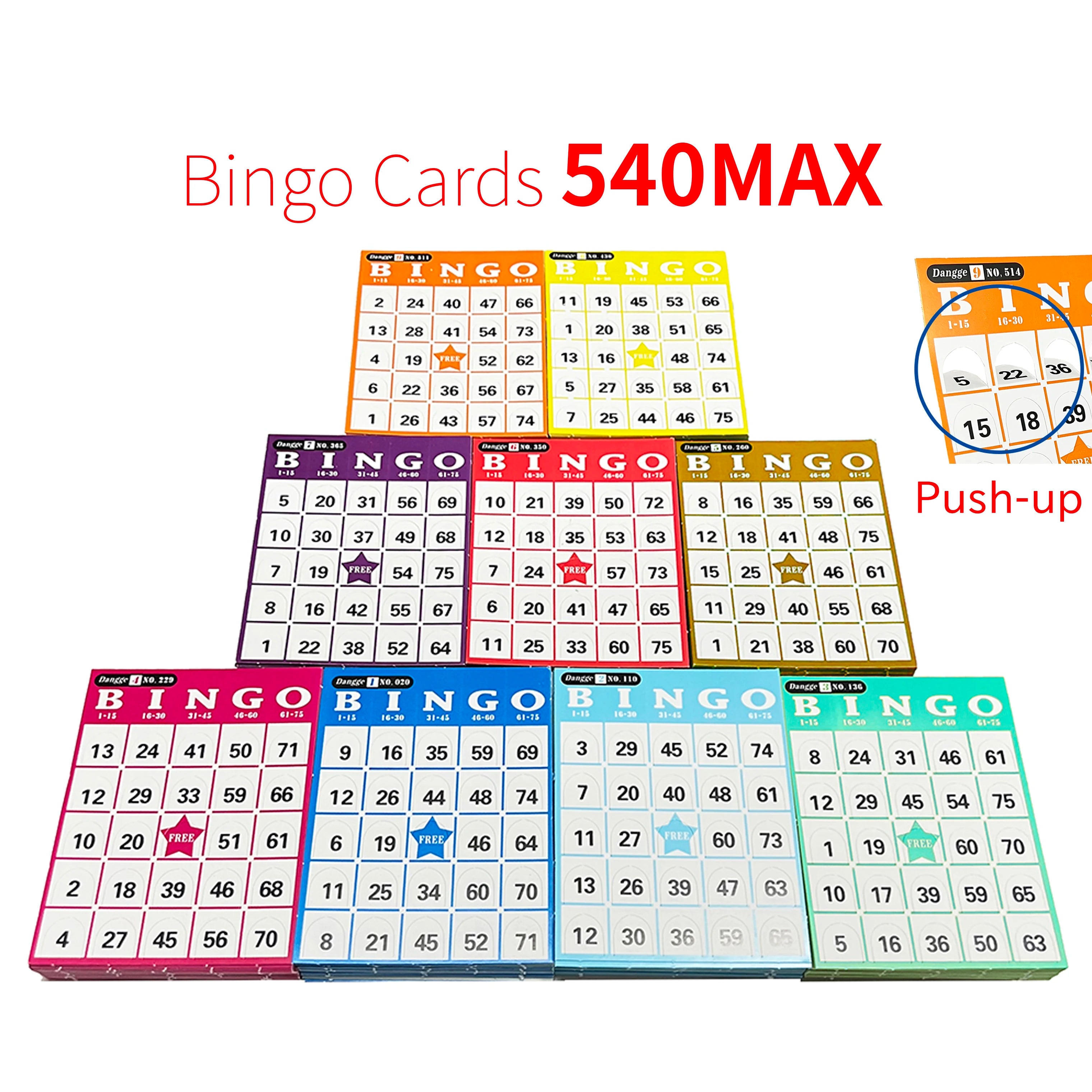 Push-up Bingo Karten Set für Bingo-Spiele – 540 Karten in 9 Farben mit Nummern 01-75
