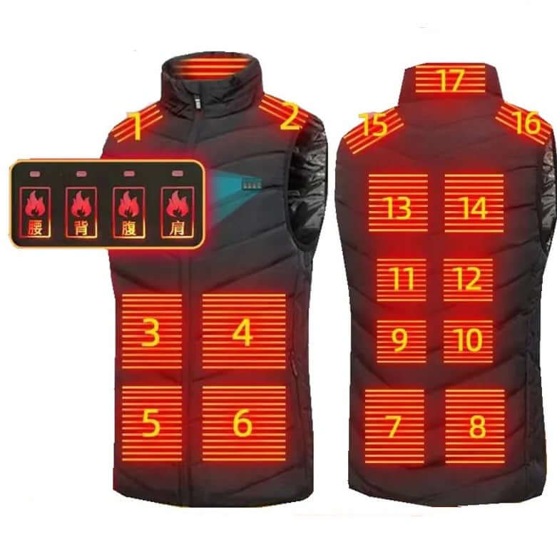 USB Heizbare Winterweste: Perfekt für Sport und Outdoor, bis 17 Heizzonen - Entdecken Sie die USB beheizbare Winterweste mit 17 Wärmezonen für optimalen Komfort. Perfekt für Sport und Outdoor-Aktivitäten! - 14:200002984#17 areas black;5:100014064