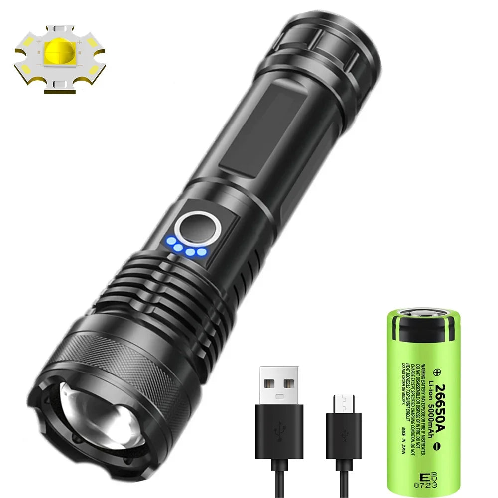 Leistungsstarke XHP50 LED Taschenlampe mit 26650 Akku und USB-C