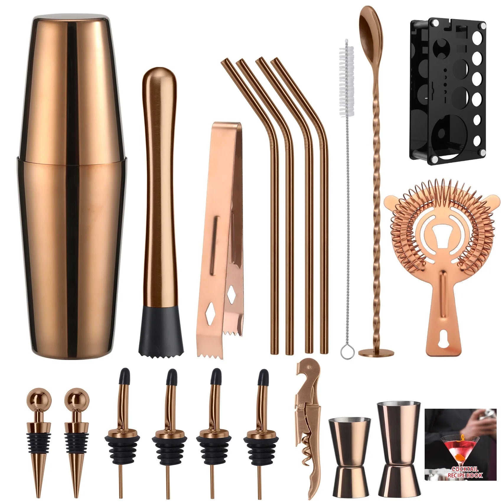 Set shaker per cocktail 20 pezzi Kit da barista con supporto Set da bar mixology Set mixer per bevande con strumento accessorio essenziale Ricettario