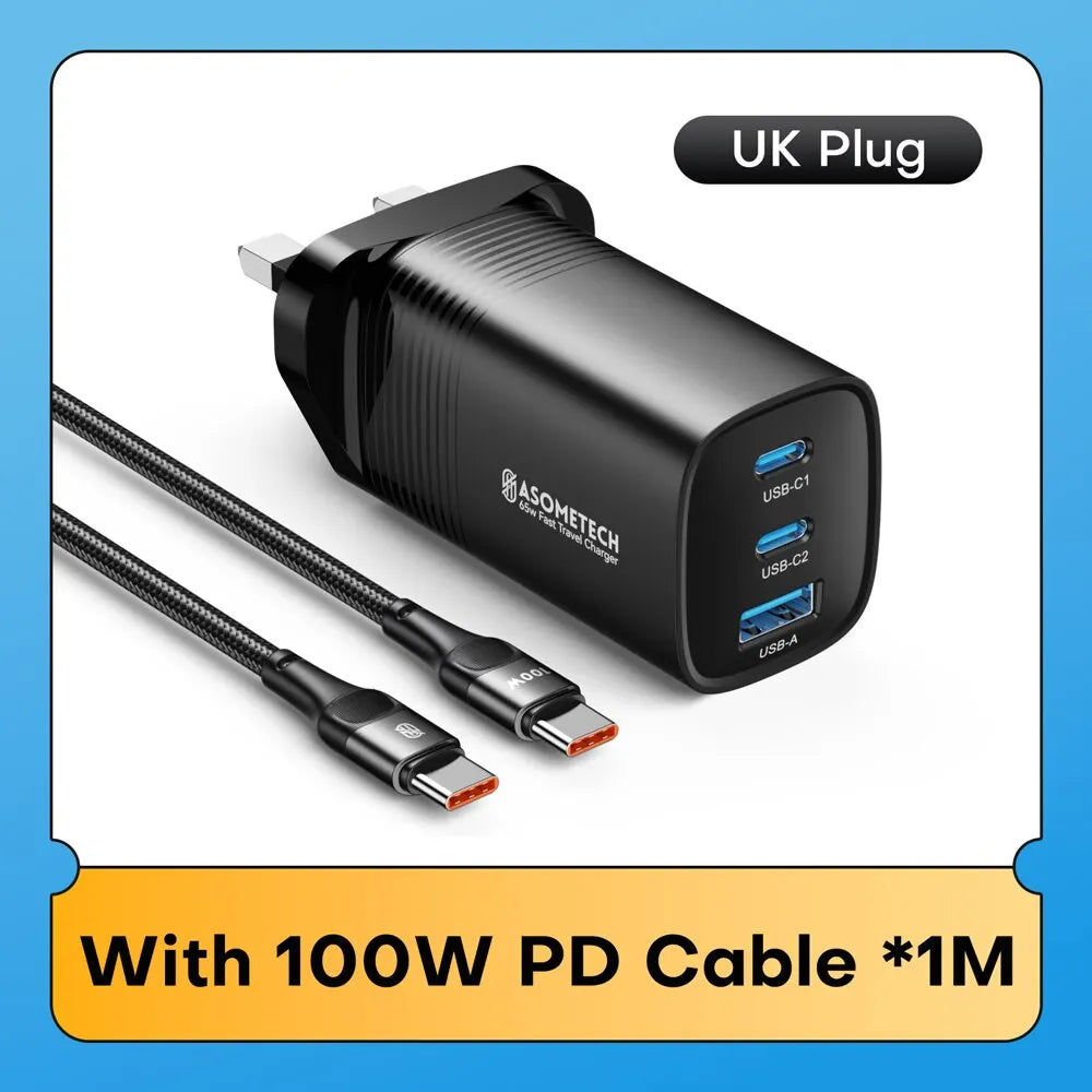 Quick Charger für Smartphones, Tablets und Laptops – 65 W mit GaN-Technologie und 3 Ladeports