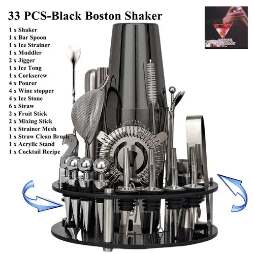 Cocktail Shaker Set 1–33 Teile – Profi Barkeeper-Set mit Rezeptbuch & Barständer