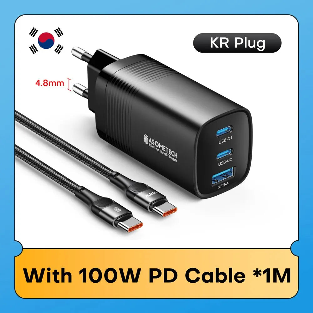 Quick Charger für Smartphones, Tablets und Laptops – 65 W mit GaN-Technologie und 3 Ladeports