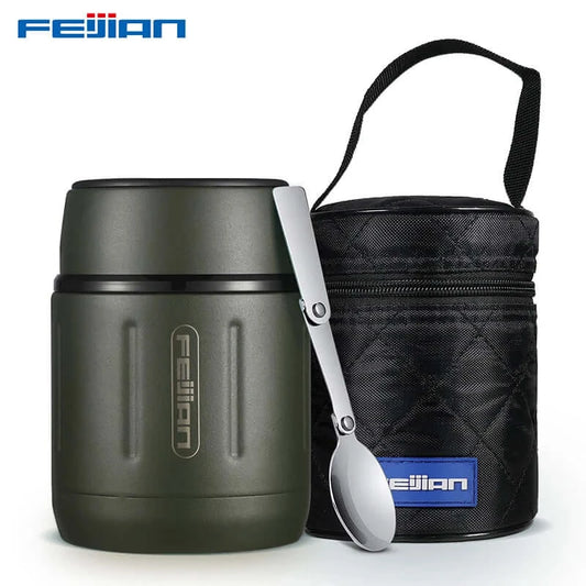 FEIJIAN 500ml Thermos für Speisen - 316 Edelstahl Vakuumisolierter Food Jar mit Löffel - Der FEIJIAN 500ml Edelstahl-Thermos mit Löffel hält Speisen bis zu 12 Stunden warm oder kalt. Auslaufsicher und mit breiter Öffnung. - 4000943952574-Army Green-CHINA-