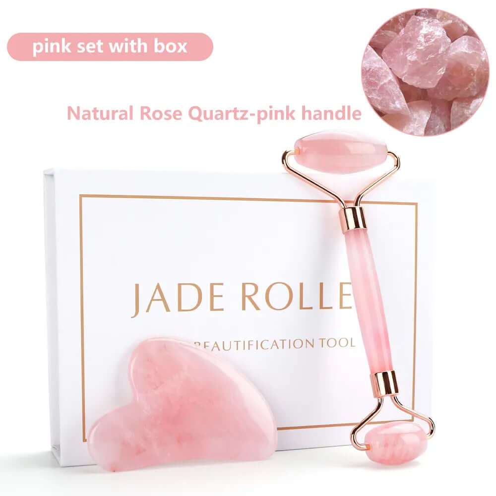 Natürliches Rosenquarz Jade Roller & Gua Sha Set - Für strahlende Haut! - Verwöhnen Sie Ihre Haut mit unserem hochwertigen Natürlichen Rosenquarz Jade Roller und Gua Sha Set für strahlende Haut und ultimativen Wellness. - 14:350850#Pink set With box;20000