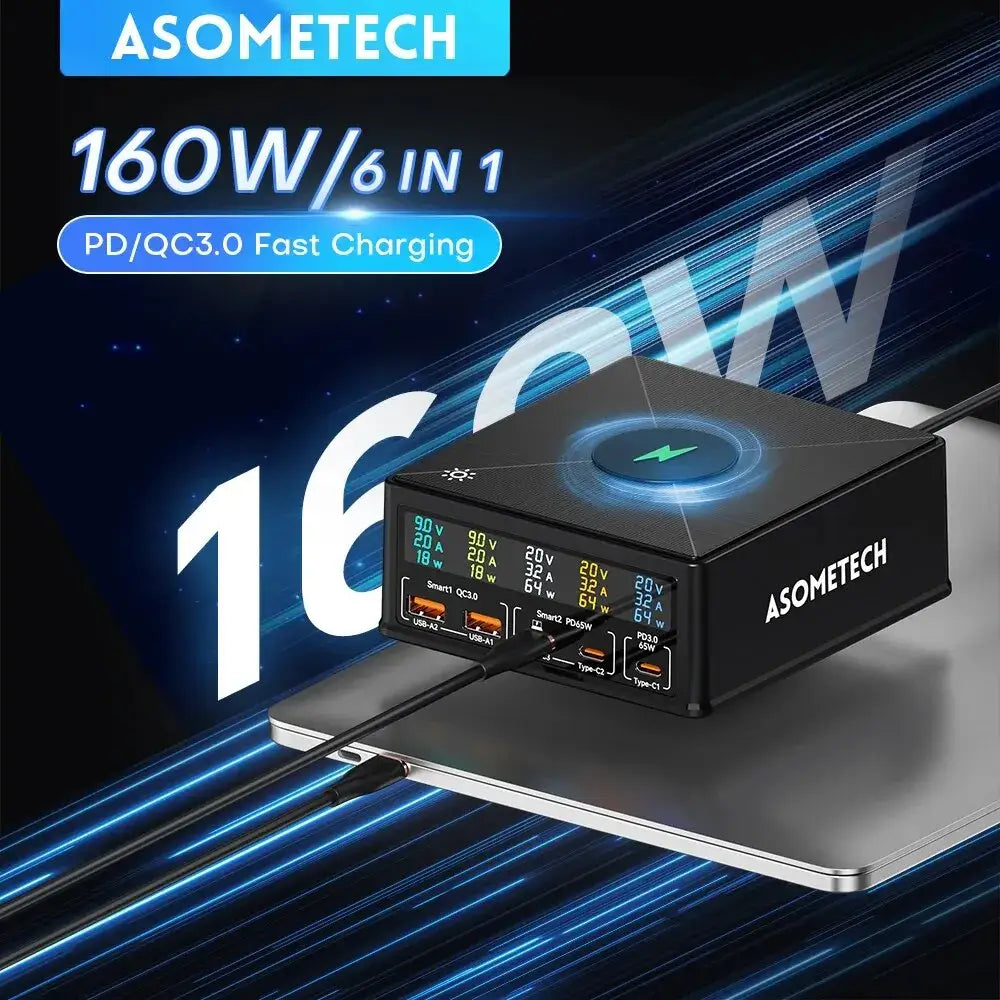 ASOMETECH 160W USB Ladestation – Kabelloses Laden, 100W/65W PD PPS GaN Schnellladegerät für Laptop, Tablet, iPhone & Samsung - Effizientes und vielseitiges 160W Schnellladegerät von ASOMETECH. Unterstützt PD 100W, kabelloses Laden, und geeignet für MacBoo