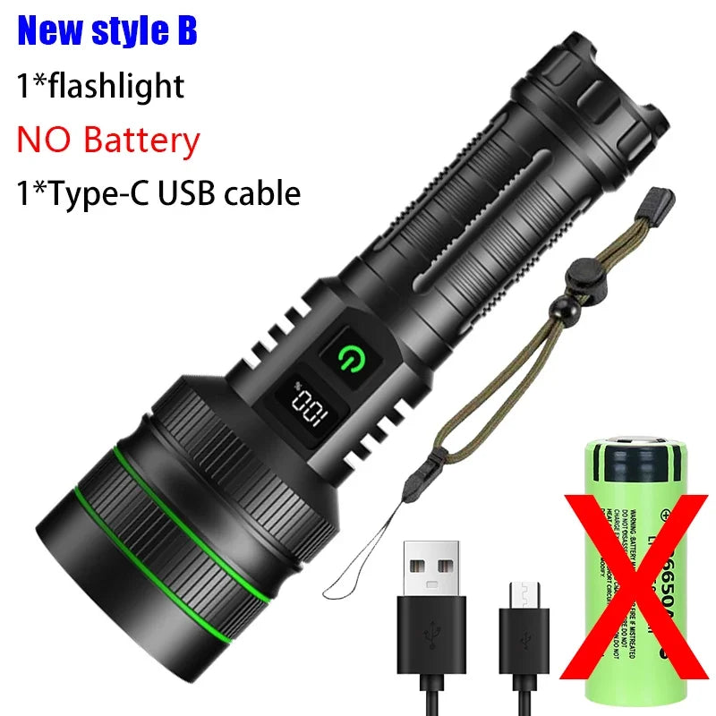 Leistungsstarke XHP50 LED Taschenlampe mit 26650 Akku und USB-C