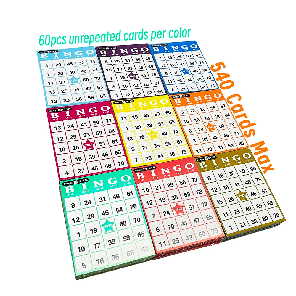 Push-up Bingo Karten Set für Bingo-Spiele – 540 Karten in 9 Farben mit Nummern 01-75