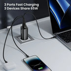 Quick Charger für Smartphones, Tablets und Laptops – 65 W mit GaN-Technologie und 3 Ladeports