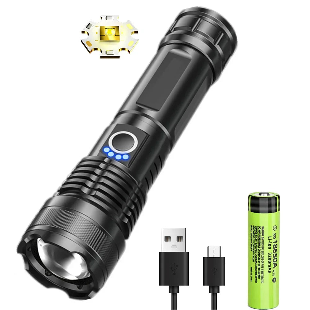 Leistungsstarke XHP50 LED Taschenlampe mit 26650 Akku und USB-C